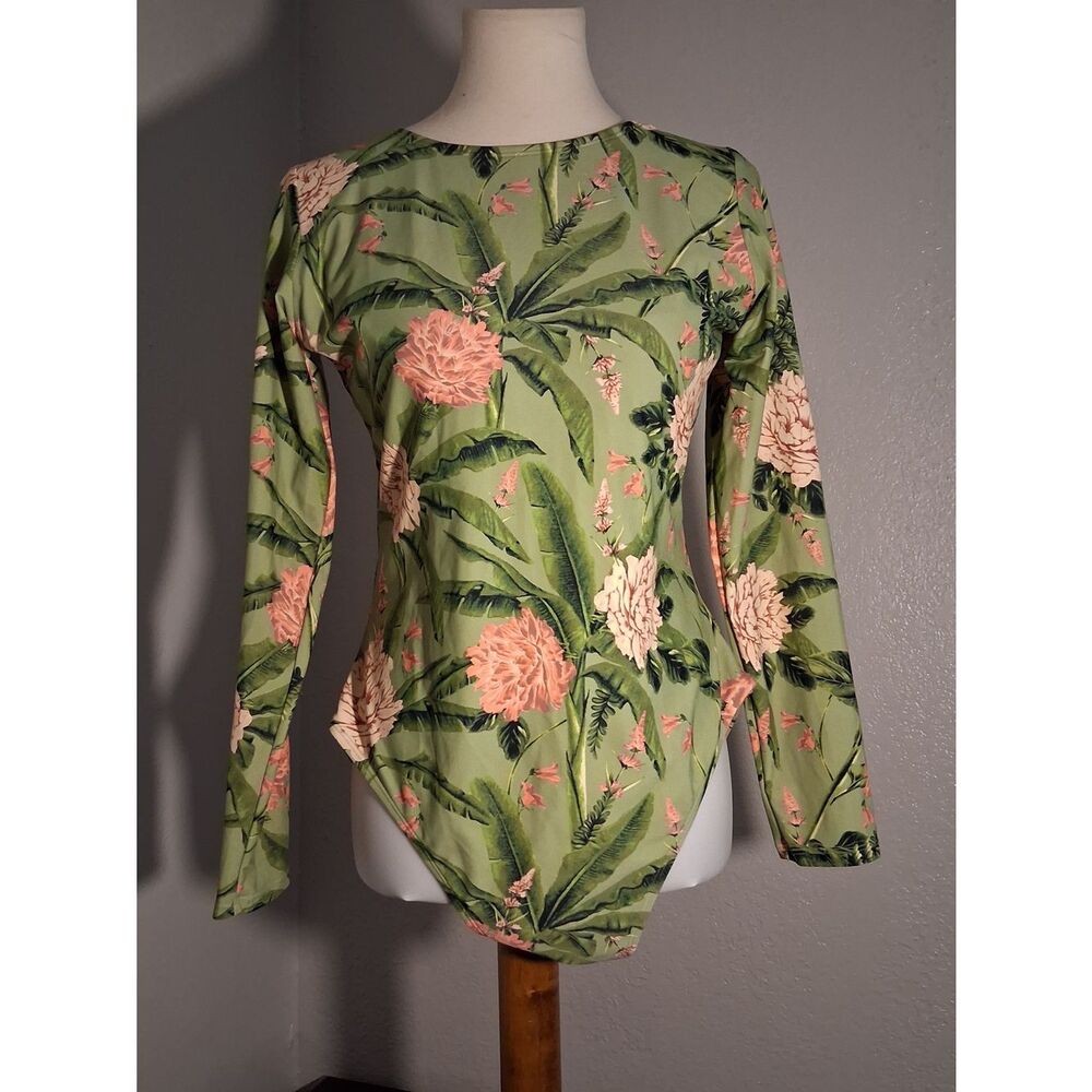 NWOT Agua Bendita Target Green Floral Long-Sleeve One Piece Swimsuit